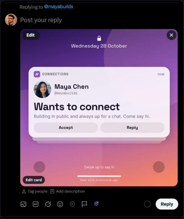 A card with a fictional person's name and photo attached to a reply on X, with the Reply button ready to press