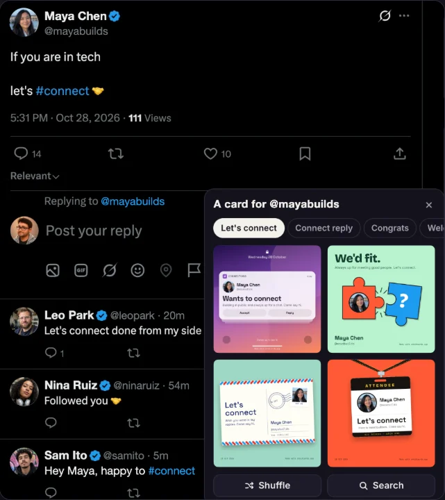 The Orbit Cards picker open under an X reply box, showing four cards made for a fictional person